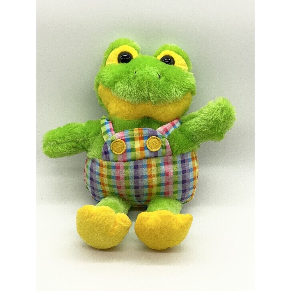 Hug & Luv Frog Plush With Bright Plaid Overalls 12" Stuffed Animal Toad
